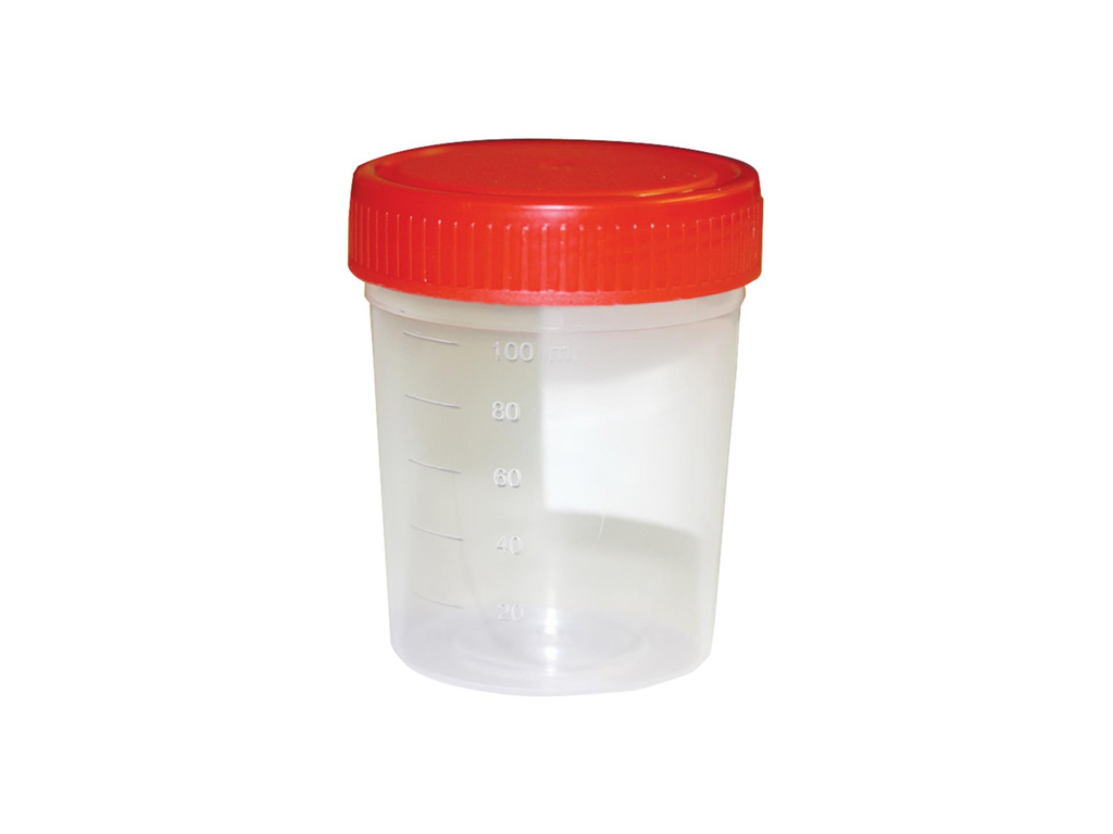 Container PP 125 ml met rode dop, steriel (300 stuks)