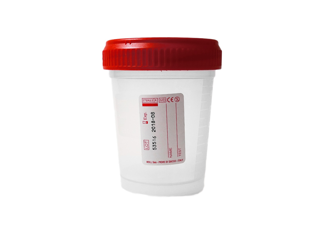 Container PP 125 ml met rode dop, steriel (400 stuks)