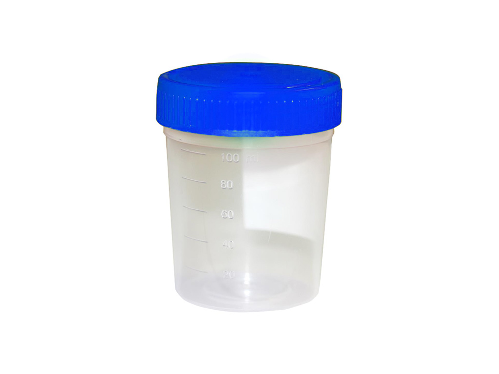 Container PP 125 ml, blauwe dop (los) (500 stuks)