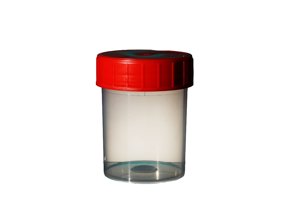 Container PP 125 ml, rode dop, steriel (380 stuks)