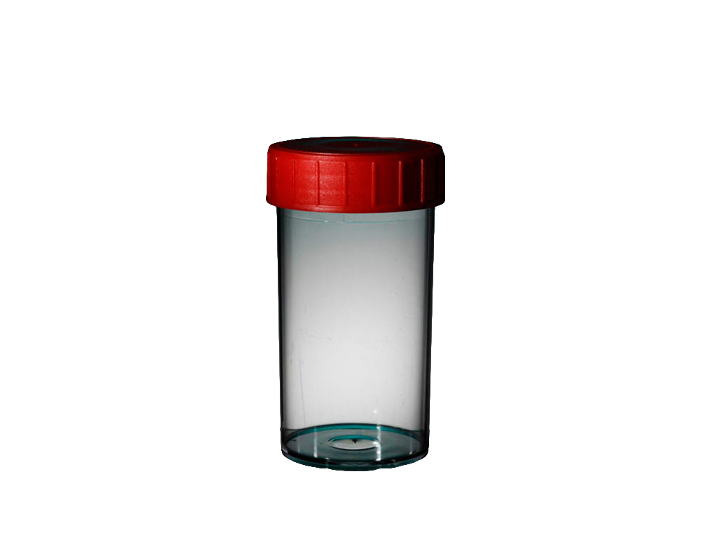 Container PP 180 ml, rode dop, steriel (264 stuks)