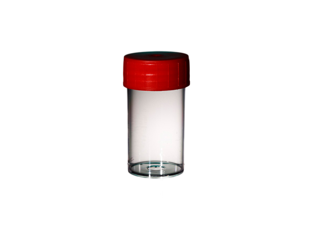 Container PP 40 ml, rode dop, steriel (1000 stuks)