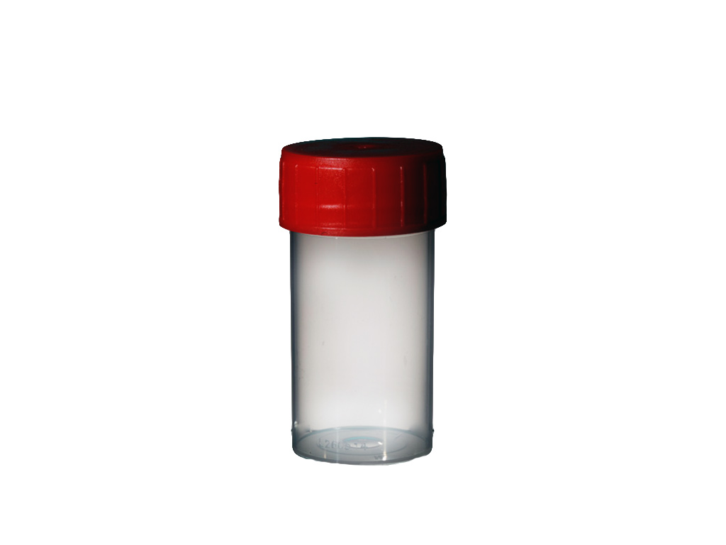 Container PP 60 ml, rode dop, steriel (700 stuks)