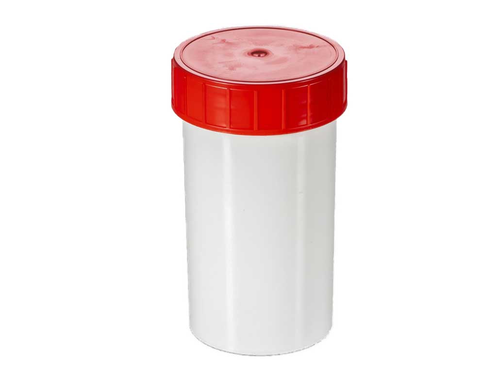 Container PP wit 180 ml met rode dop, steriel (264 stuks)
