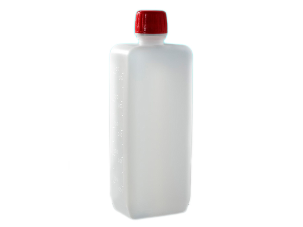 Fles HDPE 500 ml rechthoekig met losse rode schroef-/garantiedop (170 stuks)