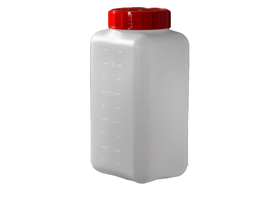 [LD002-01064] Pot HDPE 1000 ml, vierkant, rode dop met inlegstop, steriel (90 stuks)