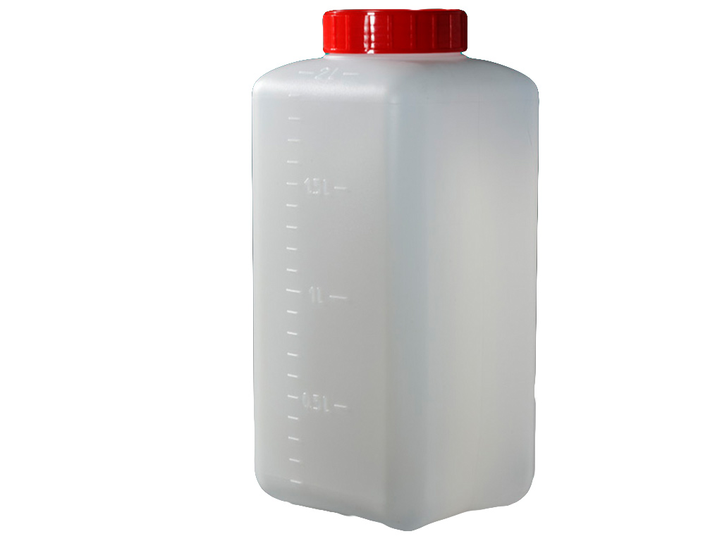 Pot HDPE 2000 ml, vierkant, rode schroefdop, steriel (50 stuks)