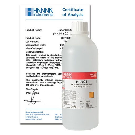 [LA011-00071] Kalibratievloeistof pH 4.01 met certificaat (500 ml)